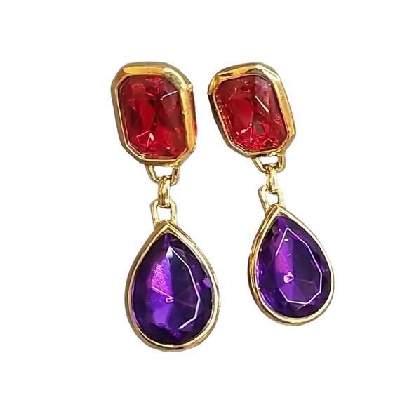 Trifari TM Purple Red Glowing Lucite Dangle Pierced Earrings - Picture 1 of 5